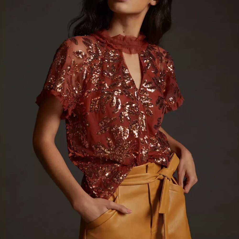 Blouse by Anthropologie Sequin, Burnt Orange Rust,  Bow, Tulle Mesh